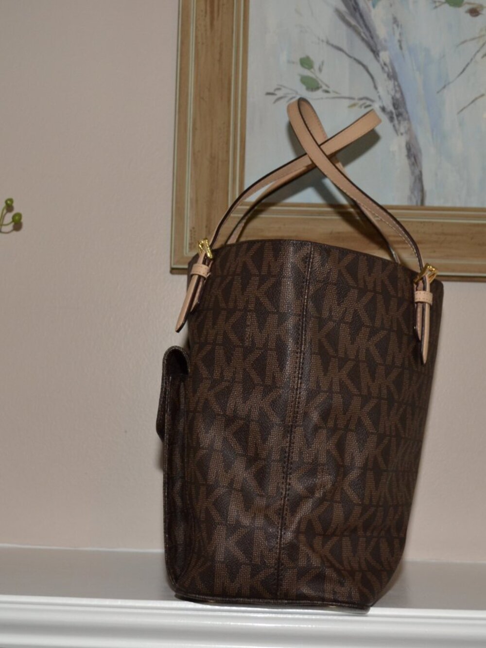 Michael Kors Brown Monogram Pebbles leather Jet Set Logo Large Pocket Tote Bag - Picture 4 of 9